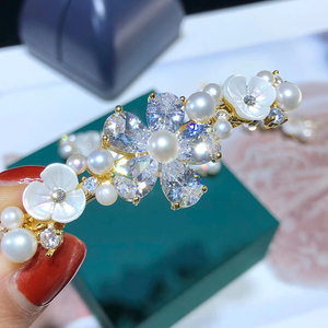 DIY配件 珍珠发夹空托贝母贝壳五叶花锆石发饰顶夹侧边弹簧夹发卡