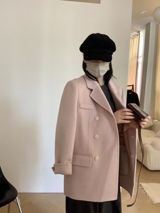 2022秋冬季新款韩国设计师清新淡雅藕粉色双面羊毛羊绒大衣外套