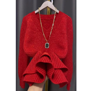 欧货高级感v领圣诞新年红羊毛针织衫秋冬保暖舒适显瘦羊绒毛衣女