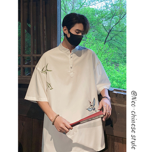 新中式国风短袖衬衫男夏季冰丝薄款竹子仙鹤刺绣宽松五分袖衬衣