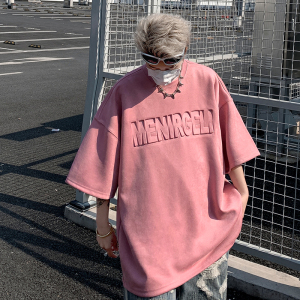 粉色麂皮绒短袖t恤男夏季美式重磅钢印oversize宽松休闲半袖体恤