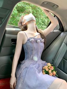 2024夏季新款很仙的网纱立体花朵紫色吊带连衣裙女小清新公主短裙