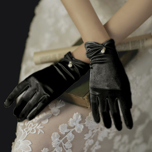 法式黑色手套复古赫本风短款晚礼服新娘拍照结婚婚纱秀禾秋冬季女