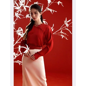 刘诗诗同款新中式国风高级感红色衬衫减龄半身裙时尚套装春秋新款