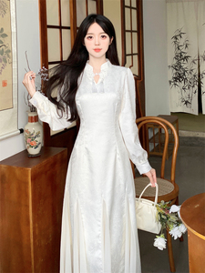 复古新中式立领旗袍改良连衣裙女春季高级感蕾丝拼接气质白色长裙