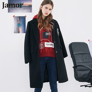 Jamor冬季羊毛呢外套女西装领个性时尚中长款潮流复古帅气上