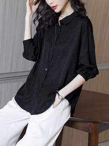新黑色重工闪亮镶钻衫衣垂感衬衫女2023宽松涤纶纯色外套长袖通勤