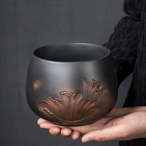 紫陶茶洗水盂禅意建盏建水复古日式陶瓷黑陶紫砂大容量家用茶渣缸