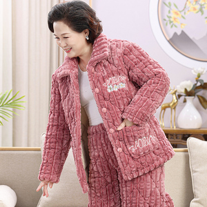中老年女士夹棉睡衣三层加厚大码加绒加棉袄妈妈婆婆装冬季家居服