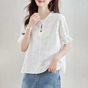 初影蕾丝镂空圆领白衬衫女短袖2024夏装新款花瓣袖设计感上衣衬衣