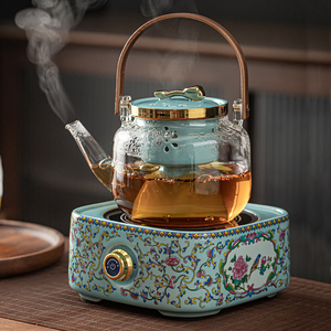 秦艺电陶炉煮茶器泡茶玻璃煮茶壶烧水壶茶具珐琅彩家用蒸汽煮茶炉