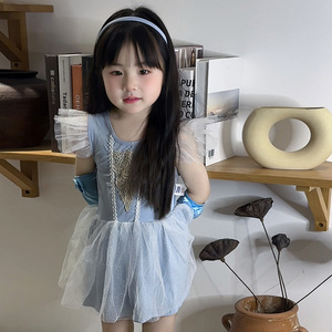 女童连体泳衣网红韩版2024夏季中小童女宝宝公主蓝色速干裙式泳装