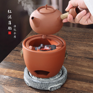 潮汕碳电两用砂铫壶煮茶器围炉手工茶具烧水跳盖茶壶红泥炭炉套装