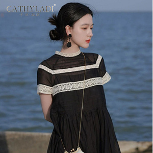 CATHYLADI品牌孕妇夏装连衣裙法式复古气质黑色蕾丝拼接雪纺裙子