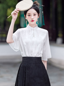 配马面裙的衬衣短袖新中式国风白色立领衬衫汉元素改良汉服上衣女