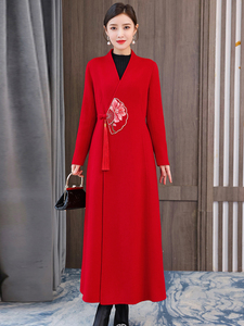 中式毛呢大衣女大码呢子中长款红色冬季汉服妈妈穿中国风旗袍外套