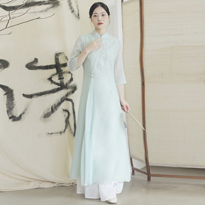 新中式禅意茶服茶艺师服装女装中国风套装汉服改良旗袍连衣裙秋季