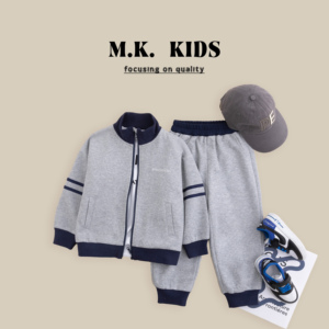 MK品牌儿童春款立领卫衣套装男童两件套潮版休闲套装灰色CA80189