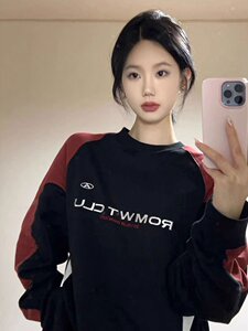 以纯棉A21美式潮牌复古拼接长袖圆领卫衣女春秋重磅hiphop慵懒风