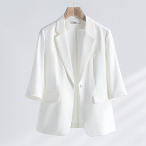 棉麻白色西装外套女夏季薄款小个子2024新款七分袖亚麻西服高级感