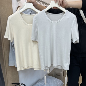 XHM1512低领春夏季新款纯色V领中袖T恤女韩版显瘦弹力短袖打底衫