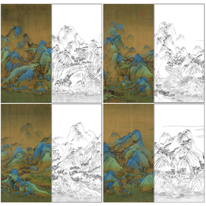 TW50王希孟千里江山图四条屏片段白描底稿4幅工笔画国画山水线描