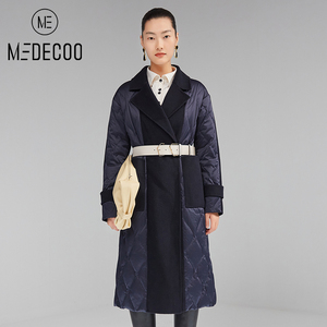 MEDECOO/墨蒂珂冬季新品时尚毛呢拼接90白鸭绒长款羽绒服外套女