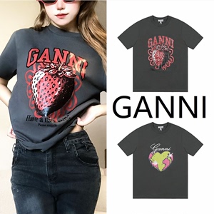 正品代购GANNI 24春夏新款T恤草莓卡通兔子印花圆领宽松短袖上衣