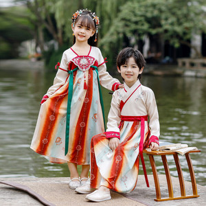 平价100-180cm男女通用古风绣花红白相间棉料汉服精致儿童演出服