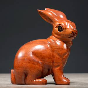 花梨木雕兔子摆件一对实木可爱生肖兔装饰风水属兔送礼红木工艺品