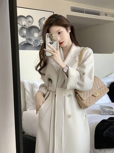 米白色羊绒大衣女洋气2024春季新品韩系中长款加厚小个子毛呢外套
