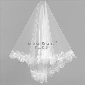 欧美新款新娘韩式白色精致蕾丝花边头纱短款软纱带发梳结婚头饰品