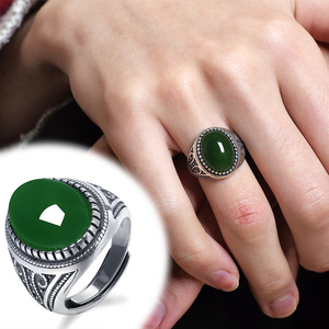 天然和田玉碧玉复古男士绿宝石翡翠色戒指开口S925纯银镶嵌活口