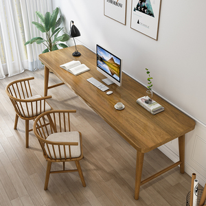 全实木台式电脑桌卧室家用小户型双人书桌学生靠墙长条桌子写字台
