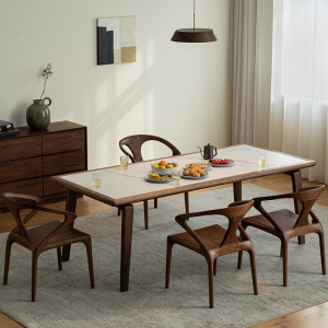 北美黑胡桃木餐桌简约轻奢家用岩板餐台意式现代长方形原木餐桌椅