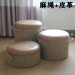 皮革麻绳蒲团日式手工坐墩实木框架凳子易打理有提手客厅座位包邮