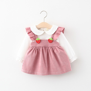 女童连衣裙春秋季儿童小女孩草莓假两件裙子洋气婴儿宝宝秋装裙衫