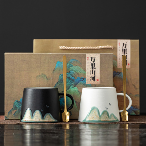 创意国潮咖啡杯碟勺小水杯子套装个性马克杯对杯企业礼盒定制logo