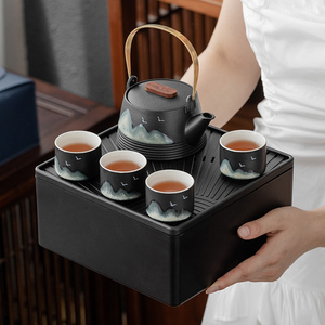 整套黑陶远山旅行茶具套装小套便携包式茶壶随行快客杯茶杯茶盒