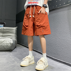 橙红色拉链大口袋短裤男夏季潮牌宽松休闲冰丝运动薄款五分中裤子