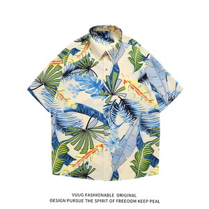 花衬衫男士夏季冰丝薄款短袖日系复古宽松夏威夷度假夏天衬衣外套
