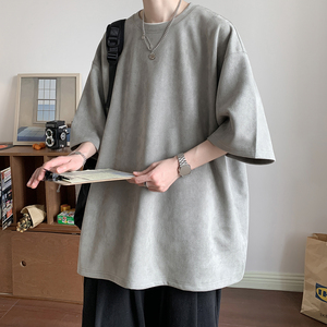 日系cityboy小领口t恤男320g重磅浅灰色短袖麂皮绒宽松七分袖半袖