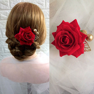 怀旧古典红色新娘头花玫瑰花朵发夹胸针两用舞台表演配饰结婚头饰