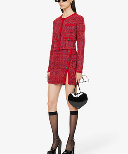 2022新款红色原版高品质毛衣编织口袋钻扣长袖外套+短裙套装