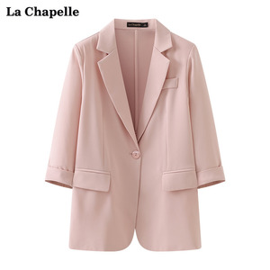 拉夏贝尔/La Chapelle垫肩薄款西装外套女宽松七分袖ol风西服春季