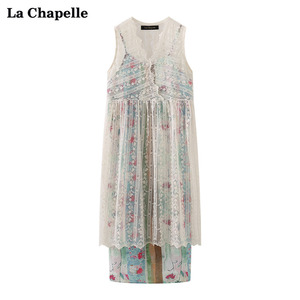 拉夏贝尔/La Chapelle蕾丝刺绣无袖连衣裙罩衫印花吊带裙两件套女