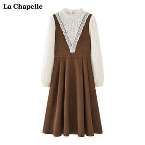拉夏贝尔/La Chapelle加厚蕾丝袖连衣裙韩版假两件高腰中长裙春季