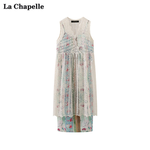 拉夏贝尔/La Chapelle蕾丝刺绣无袖连衣裙罩衫印花吊带裙两件套女