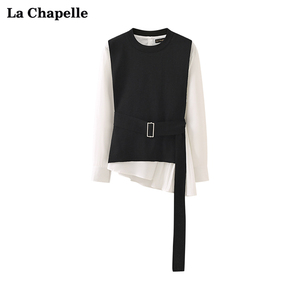 拉夏贝尔/La Chapelle腰带圆领长袖衬衫女针织马甲休闲两件套春季