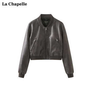 拉夏贝尔/La Chapelle棒球领拉链pu皮夹克女休闲复古机车皮衣外套